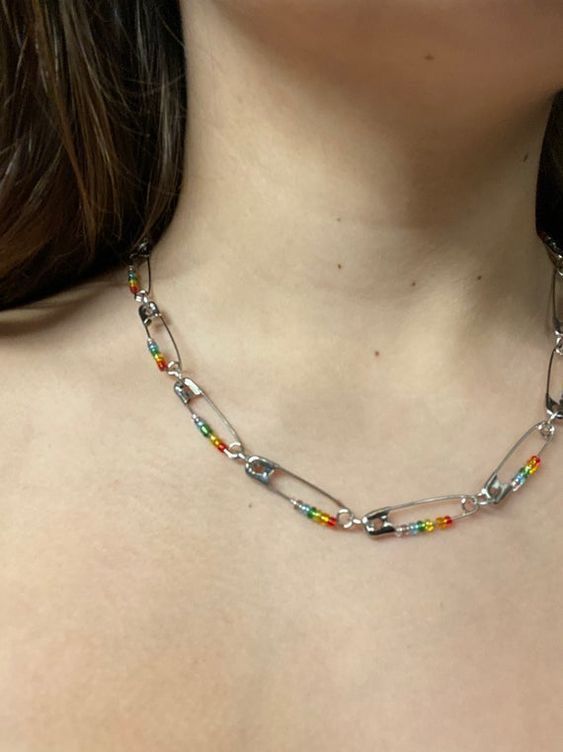 Rainbow Beaded Safety Pin Necklace