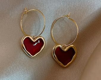 Ruby Heart Hoop Earrings