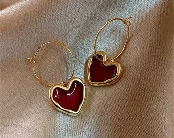 Ruby Heart Hoop Earrings